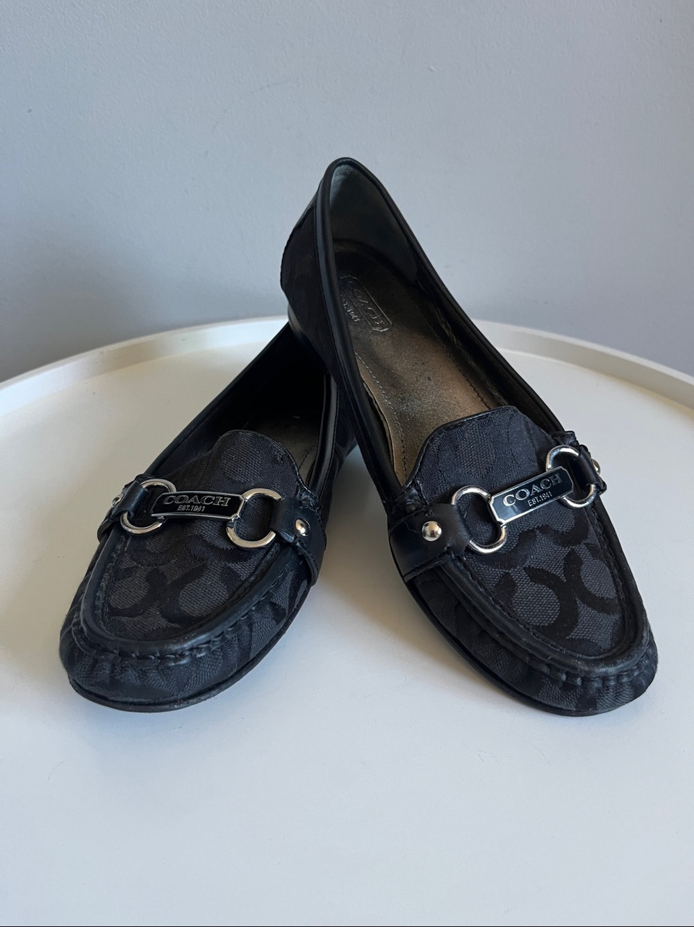 Coach Eileen Black Canvas Leather Monogram Slip On Loafers Size 8B
